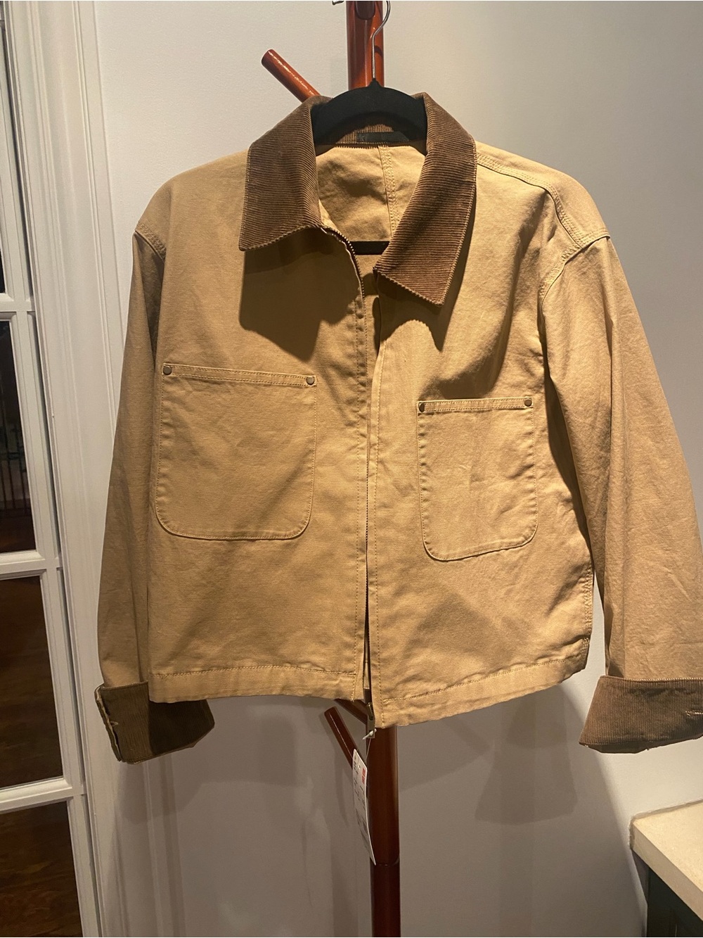 Uniqlo Beige Utility Jacket with Brown Corduroy Collar